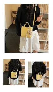 Chic yellow women crossbody bag with bear charm, stylish casual shoulder bag for daily spring commute.
