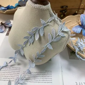 Cinta de encaje bordada de poliester azul cielo 2.5cm hoja accesorio de costura DIY