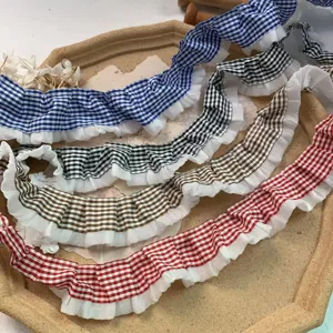 4cm Gingham Ruffled Lace Trim Pleated Chiffon Ribbon for DIY Lolita Pet Clothing Hair Bows
