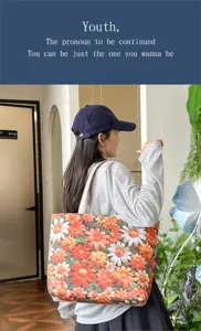 Bolso de lona estilo coreano gran capacidad bolso de hombro bordado de flores mujer