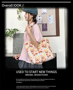 Bolso bandolera de lona casual y de moda con lindo bordado de oso y gran capacidad.