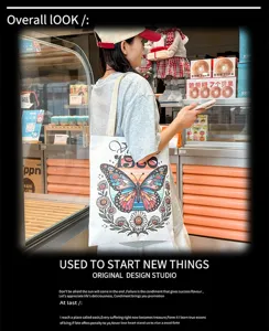 Bolso de hombro de lona casual para mujer, gran capacidad con estampado mariposa retro.