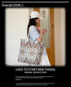 Large capacity ethnic totem canvas tote bag with braided rope handles for women daily use.