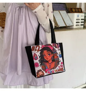Bolso tote de lona elegante con estampado de dibujos animados de chica negra, bolso bandolera casual.