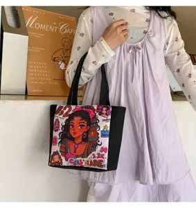 Bolso de hombro de lona con bonito estampado de dibujos animados, bolso de moda para mujer.