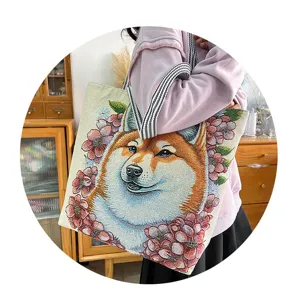 Große Canvas Tragetasche mit niedlichem Shiba Inu Webmuster für Damen im Alltag nutzbar.