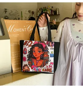 Bolso de hombro de lona con estampado de niña negra, bolsa de mano de dibujos animados linda.