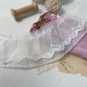 9cm Λευκή διπλή στρώση δαντέλα κεντητή διχτυωτή βολάν για στρίφωμα φορέματος ράψιμο