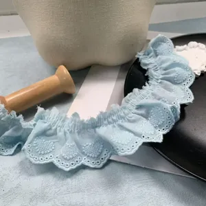 Light blue cotton lace ruffle trim with heart embroidery for DIY clothing craft decor 4.5cm
