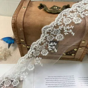 7cm wide white mesh embroidered lace trim for clothing, DIY sewing, crafts, and apparel decor.