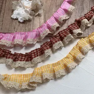 Detailed view of 3cm plaid ruffled lace trim for DIY sewing, doll clothes and crafts.