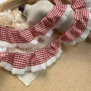 4cm red and white plaid chiffon pleated lace trim diy doll clothes accessories