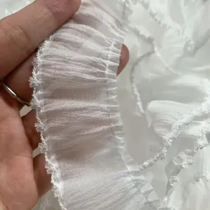 White chiffon ruffled lace trim detail, 3.8cm wide pleat fabric for DIY garments and crafts.
