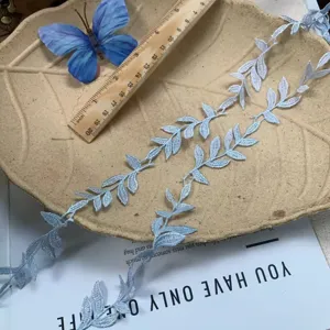 Ribete de encaje bordado azul claro, cinta de hojas de 2.5cm para accesorios de costura DIY.