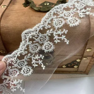7cm wide white mesh embroidered lace trim, delicate floral fabric for DIY sewing and cuffs.