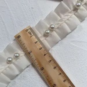Mπεζ πλισέ δαντέλα σιφόν με πέρλες, πλάτους 4 cm, αξεσουάρ ραπτικής DIY για ρούχα.