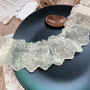 Detail view of 6.5cm embroidered flower pleated lace trim, perfect for DIY crafts and sewing.