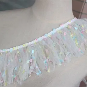 10cm white mesh colorful tassel lace trim detail showing delicate fabric texture and cute design.
