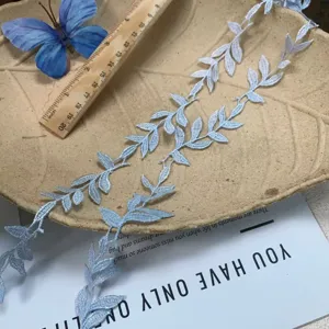 Ribete de encaje bordado de hojas azul claro de 2.5cm de ancho accesorio de costura DIY