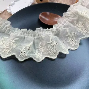 Embroidered floral pleated lace trim detail shot, perfect for DIY pet doll clothes and home decor.