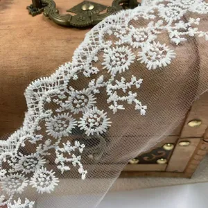 Detail shot of 7cm white mesh embroidered lace trim, ideal for DIY clothing cuffs and crafts.