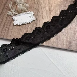 5cm wide black heart embroidered lace trim detail, perfect for DIY crafts and apparel sewing.