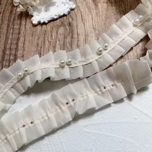 Μπεζ πτυχωτή δαντέλα σιφόν με πέρλες 4εκ DIY ραπτική αξεσουάρ ρούχων στρίφωμα