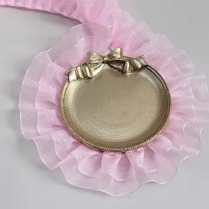 Pink double layer organza pleated lace trim for lolita DIY crafts, 4cm wide delicate edging.