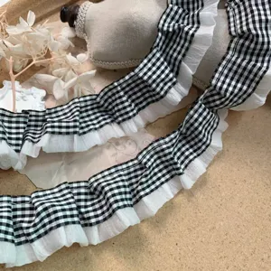 Black and white gingham pleated lace trim 4cm wide for DIY doll clothes and crafts detailing
