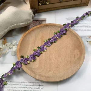 Detailed view of 2cm colorful 3D flower polyester embroidered lace trim for DIY crafts apparel.