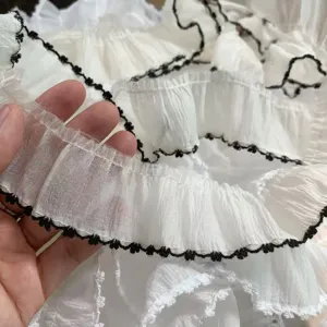 3.8cm white sheer snow yarn lace trim with black dog tooth edge for DIY Lolita clothing crafts.
