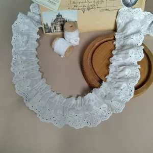 White 4.5cm cotton bow embroidered pleated lace trim for DIY crafts clothing decor 1yd