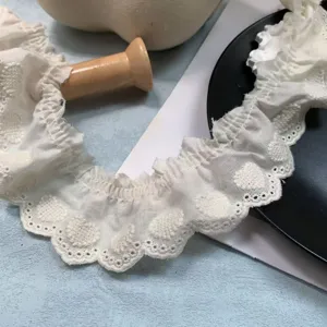 White heart cotton lace trim 4.5cm wide pleated embroidered fabric for DIY crafts clothing.