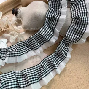 4cm black and white plaid pleated lace ruffle trim diy lolita doll clothes hair accessories decoration
