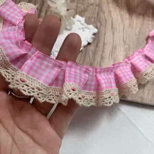 Pink checkered pleated lace trim 3cm wide DIY sewing material for doll clothes bag details