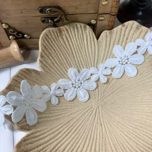 Détail de bordure en dentelle florale blanche, ruban brodé lavable en soie pour DIY.