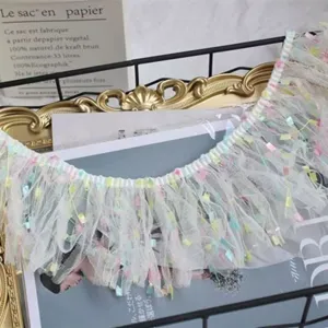 10cm white mesh lace trim with colorful tassels, perfect for dress hems and curtain decor.