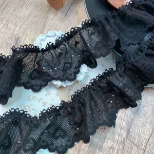 Black lace trim detail close-up view, 5cm width pleated heart pattern fabric for DIY crafts.