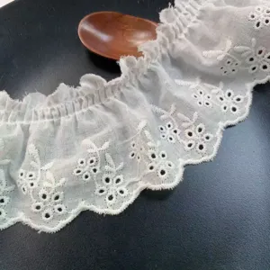 6.5cm wide white hollow embroidered flower pleated lace trim fabric DIY doll clothes sewing decor