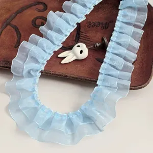 Light blue double layer organza pleated lace trim DIY doll clothes and Lolita cuffs accessory