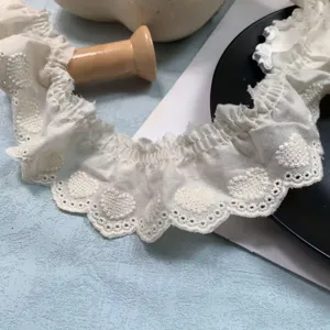 White cotton lace trim detail, featuring cute heart embroidery for DIY garment decoration.