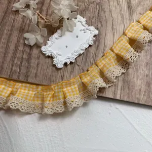 Yellow gingham pleated lace trim detail shot, 3cm wide DIY sewing material for clothes and doll wear.
