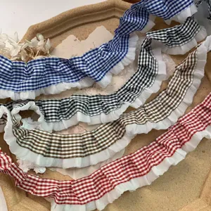 4cm gingham ruffled lace trim fabric ribbon for DIY pet doll clothes lolita sewing decoration