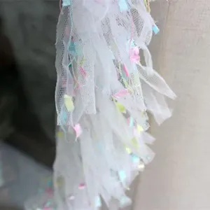 White mesh lace fabric with colorful tassel ribbon, 10cm wide trim for DIY sewing garment skirt.