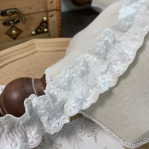 White pleated cotton lace trim, 4.5cm wide double ruffle lace ribbon for sewing and crafts.