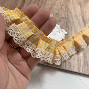 3cm yellow gingham pleated lace ribbon trim for DIY sewing crafts, clothes and doll making.