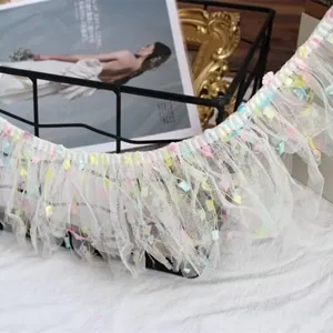 White mesh lace trim with colorful tassels, 10cm wide decorative ribbon for apparel crafts.