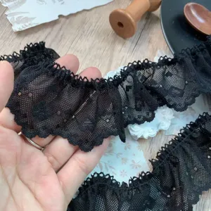 Detail view of 5cm black heart pleated non-stretch lace trim, perfect for Lolita crafts and DIY.