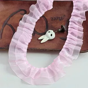 Pink ruffled lace trim organza ribbon 4cm wide for DIY doll clothes costume sewing details.