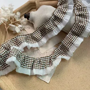 Checkered pleated lace trim, 4cm wide chiffon ruffle DIY craft for doll clothes and lolita dress